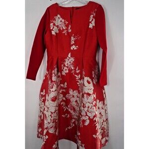 Bazhicai Womens Sz XL Red Floral Core Garden Party long Sleeve A-Line Midi Dress